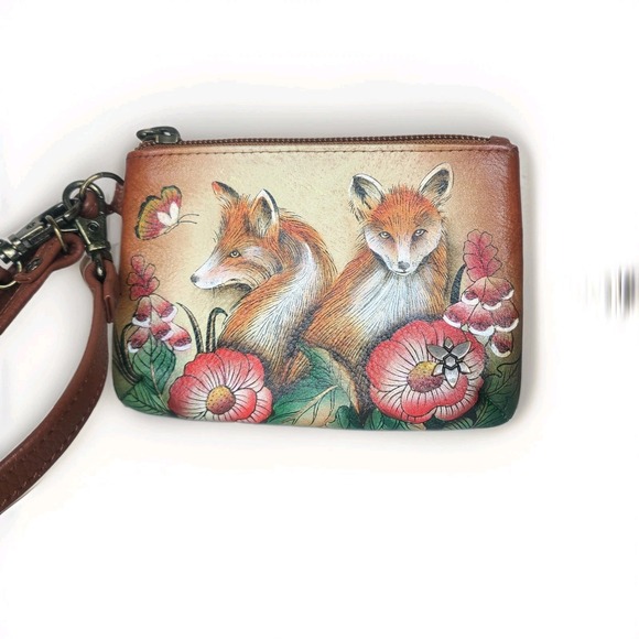 Anuschka Wallet Foxes Coin Pouch Keychain ID Leather Hand Painted - Picture 1 of 4